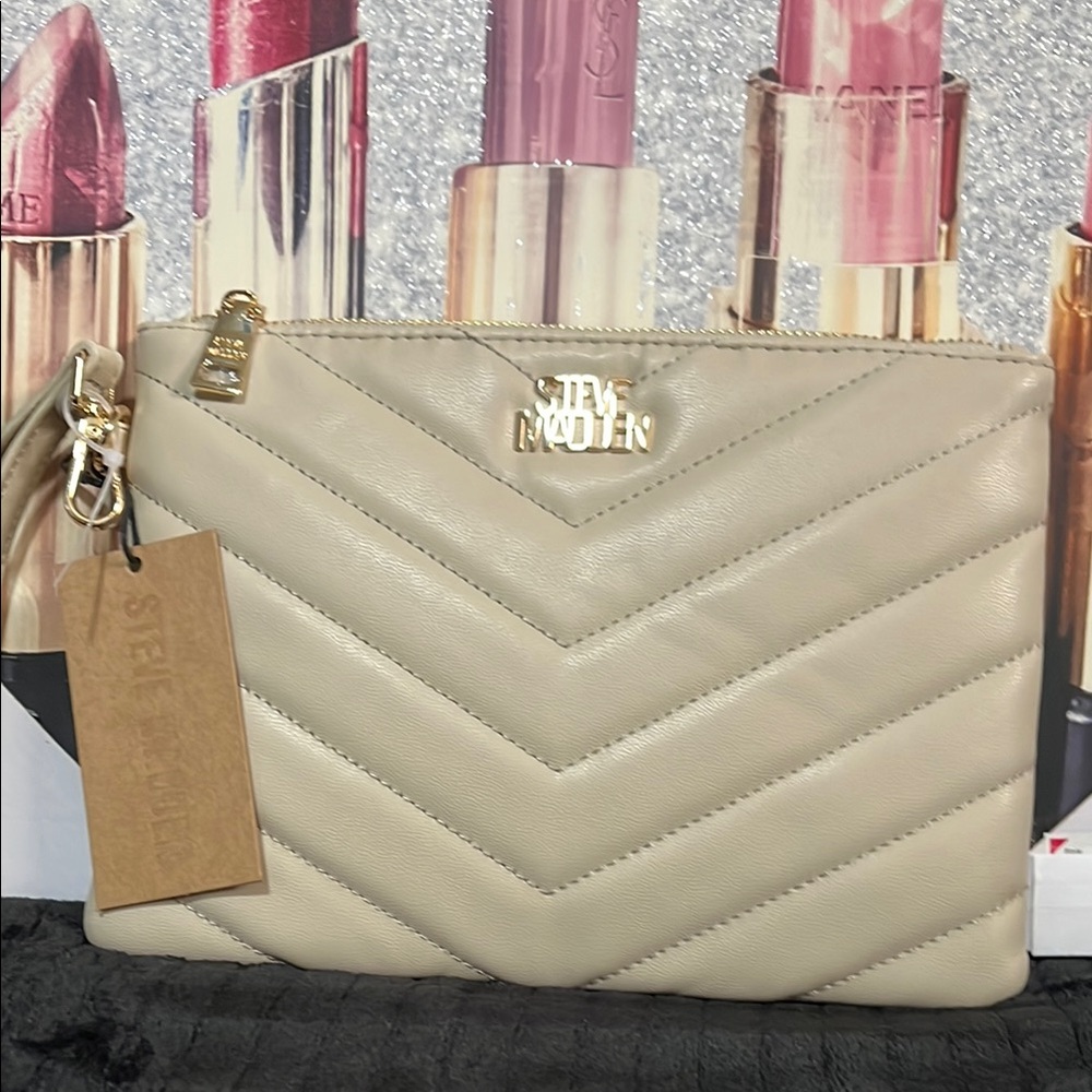 Steve Madden Cream Quilted Women's Clutch with removable hand strap